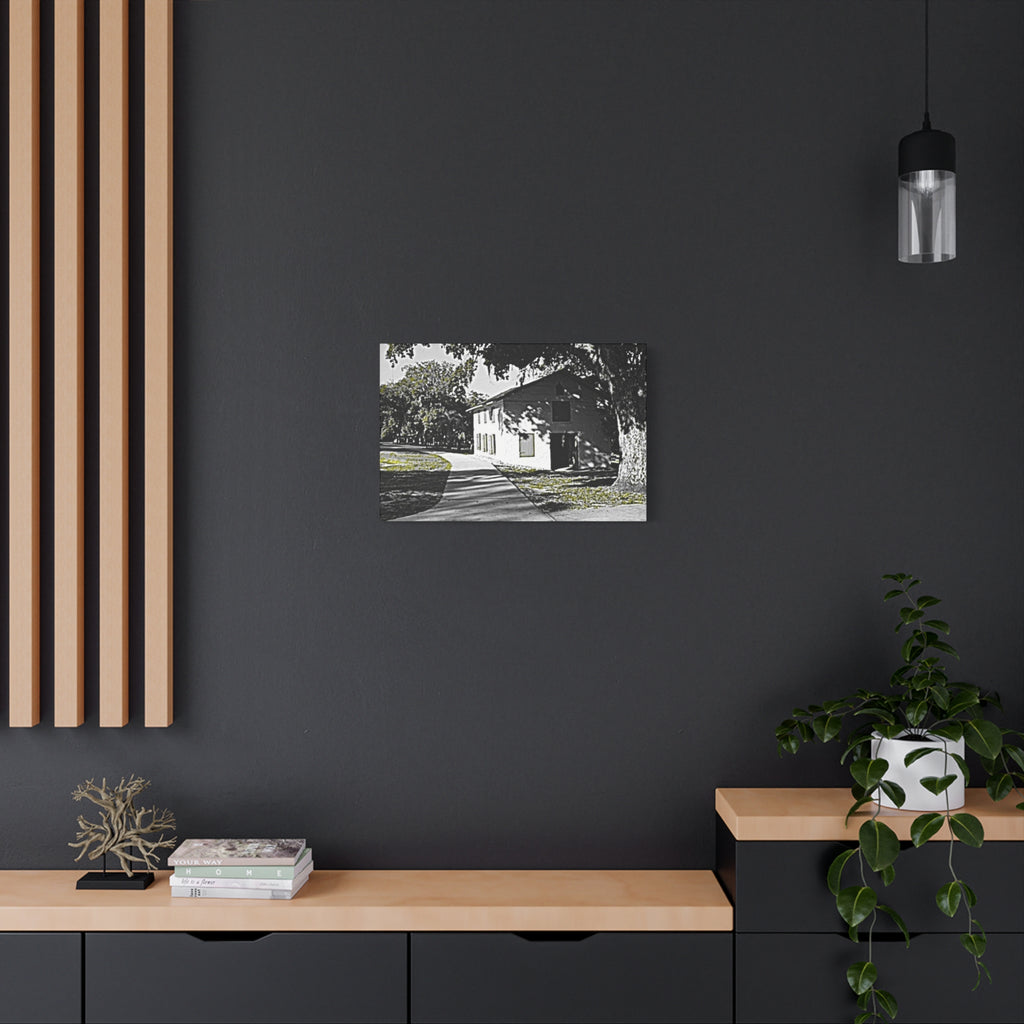 Vintage Campus House Matte Canvas Wall Art — Black & White Landscape Print