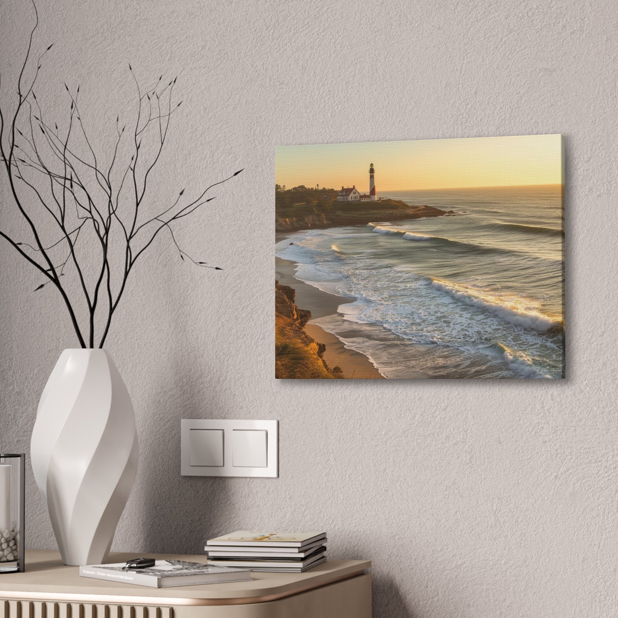Coastal Lighthouse Sunrise Canvas Wall Art — Ocean Waves Seascape Print