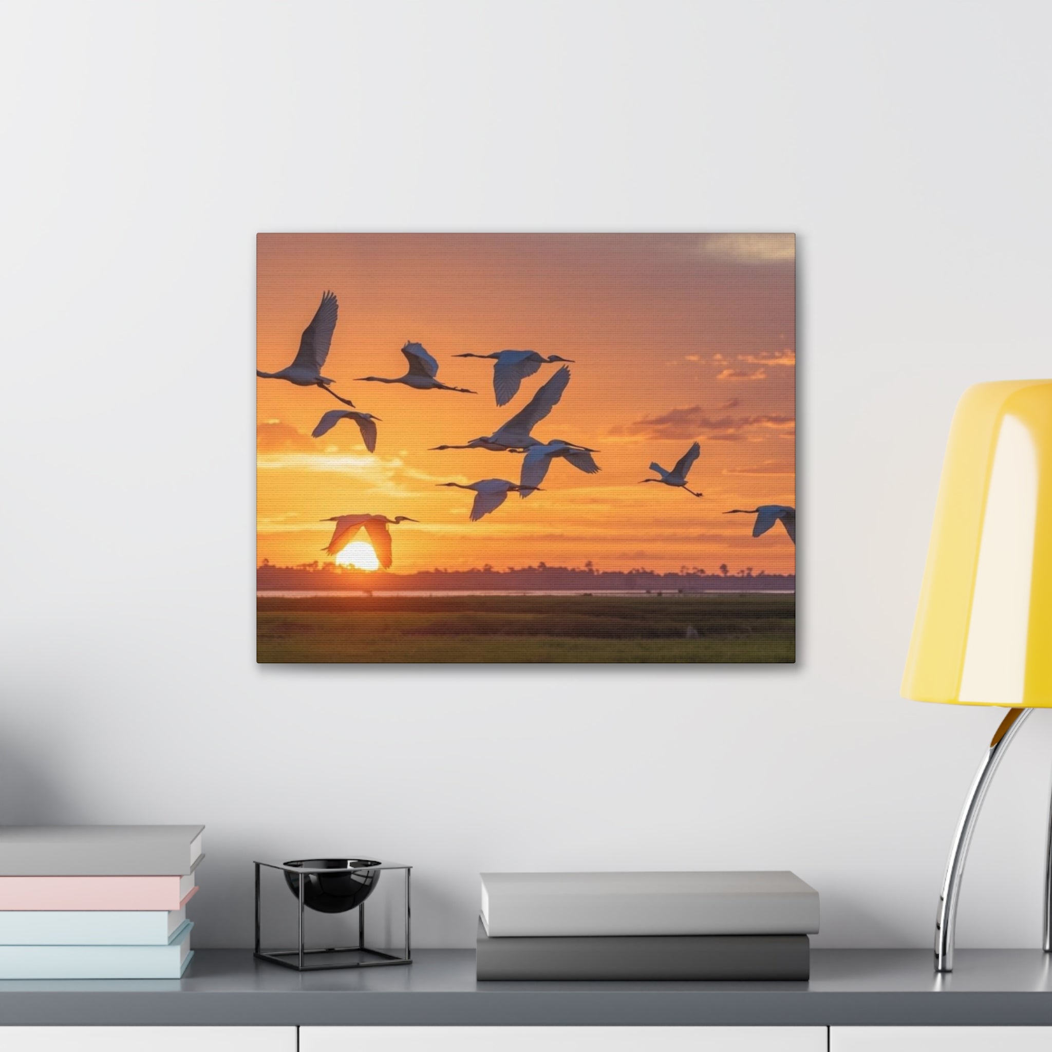 Sunset Flight Canvas Wall Art — Migrating Birds at Dusk