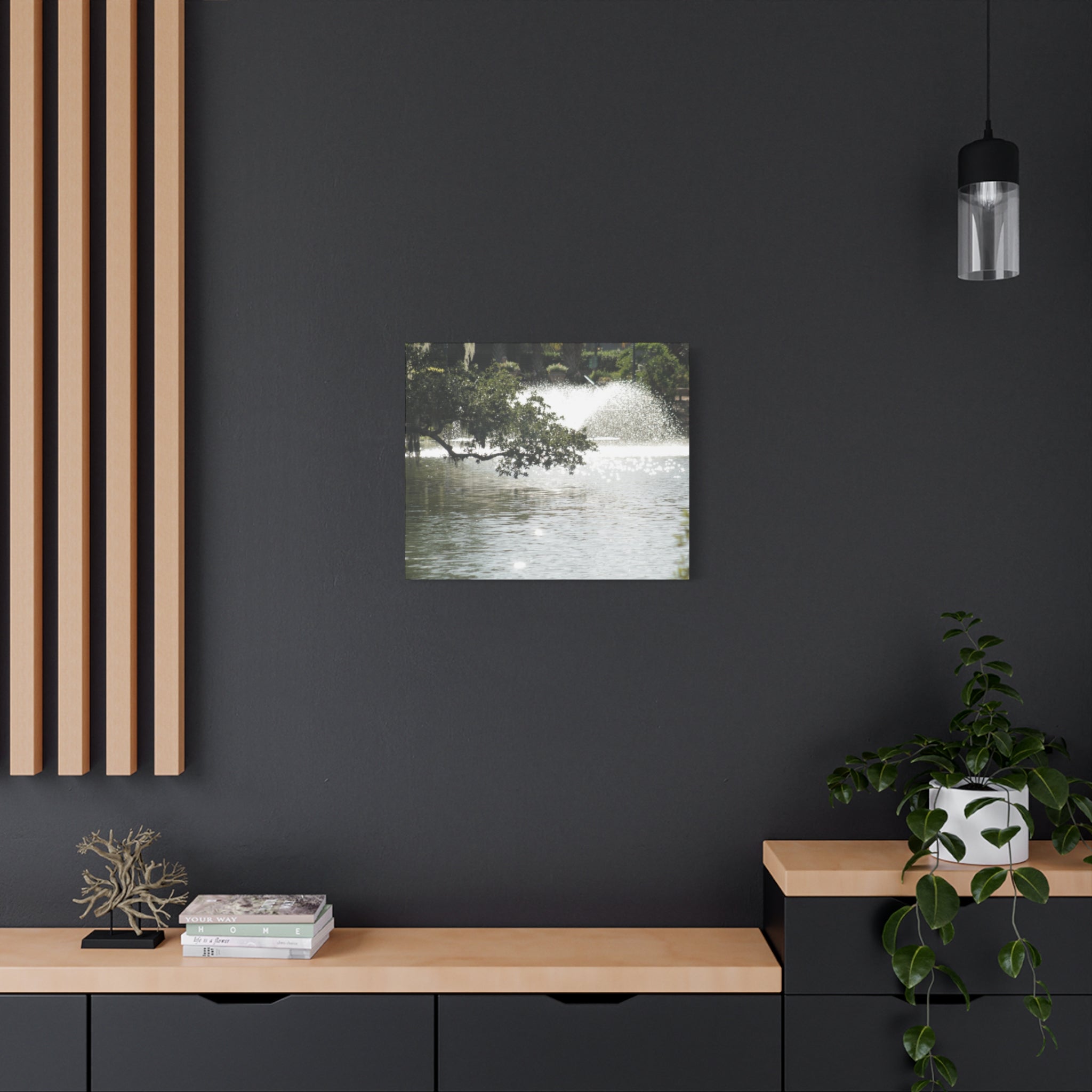 Lake Fountain Matte Canvas Print — Serene Water Garden Wall Art, Stretched 1.25"