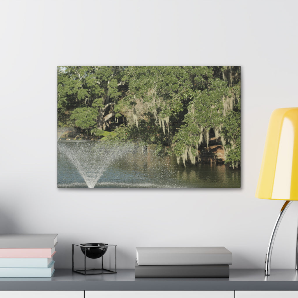 Lake Fountain Canvas Wall Art — Mossy Oak Trees & Fountain Stretched Canvas
