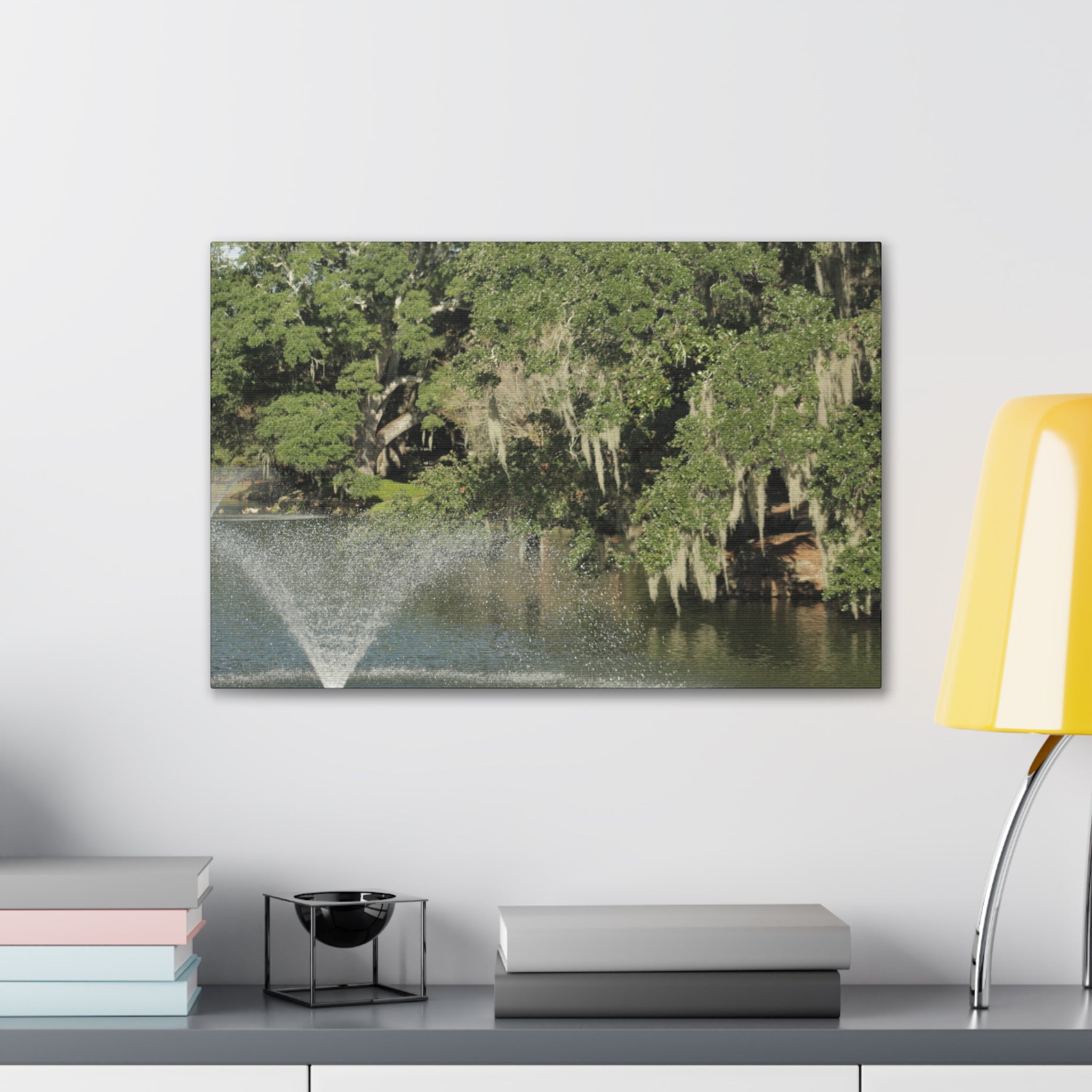 Lake Fountain Canvas Wall Art — Mossy Oak Trees & Fountain Stretched Canvas