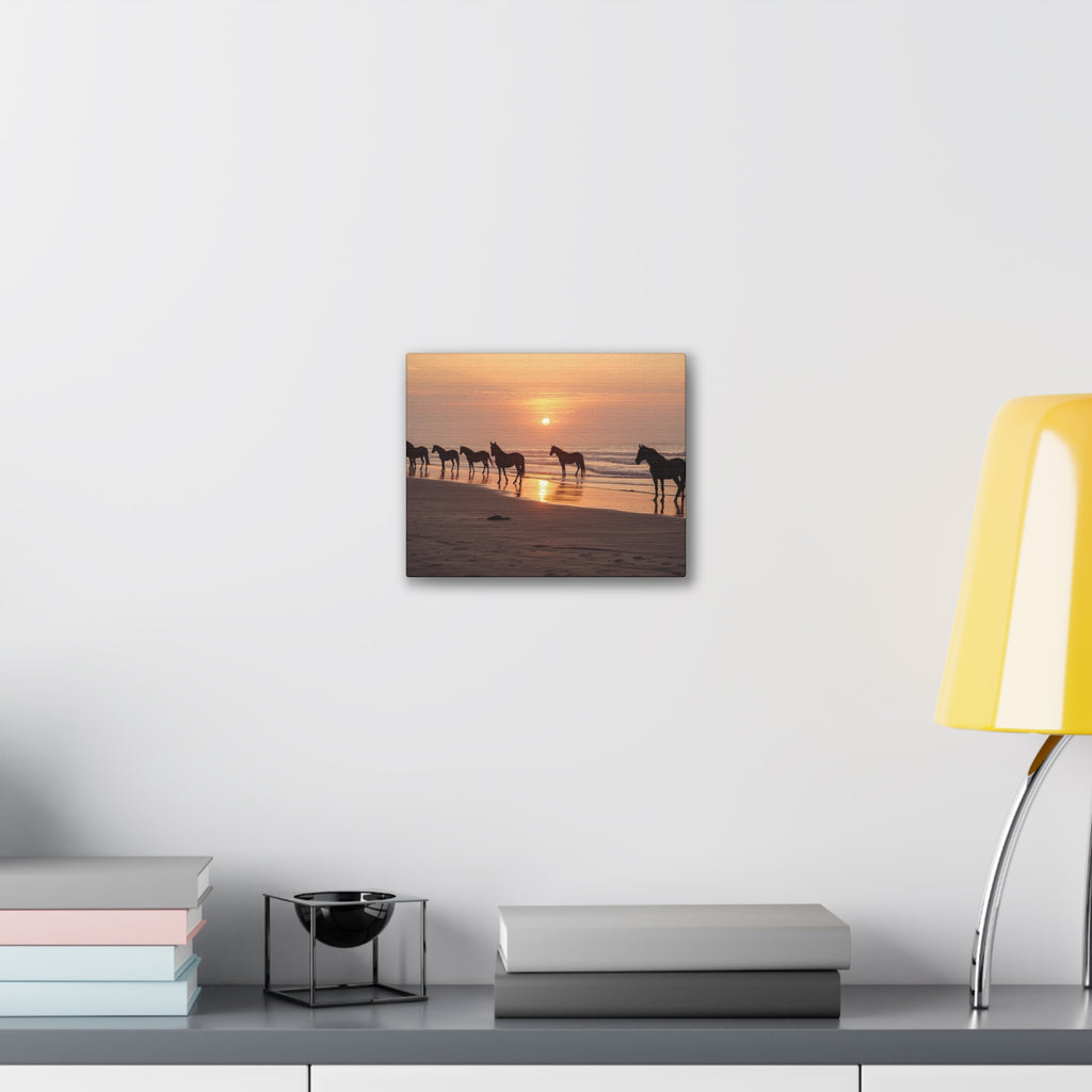 Wild Horses at Sunset Canvas Wall Art — Beach Sunrise Photography Print
