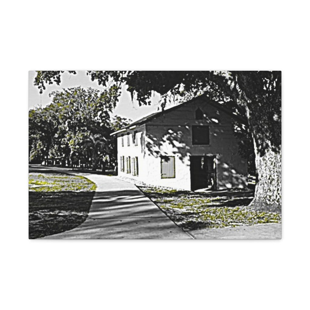 Vintage Campus House Matte Canvas Wall Art — Black & White Landscape Print