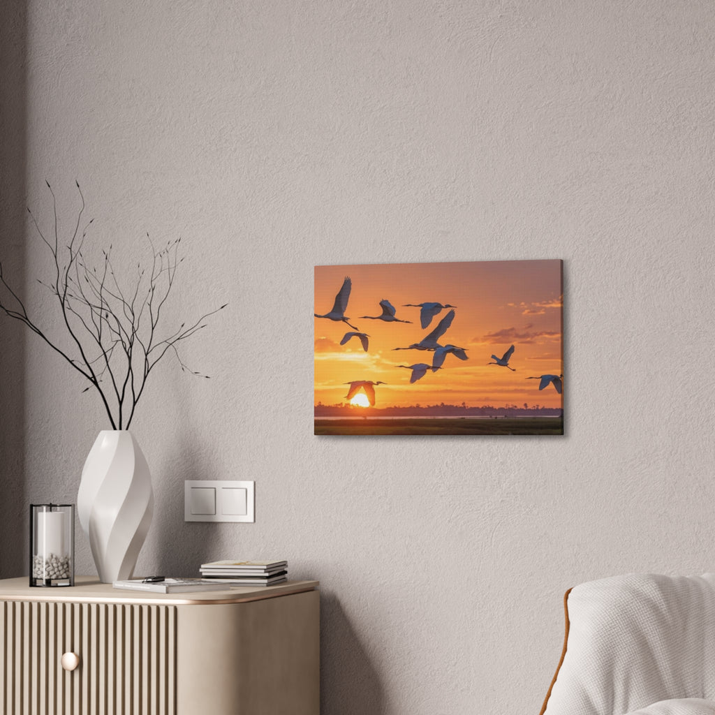 Sunset Flight Canvas Wall Art — Migrating Birds at Dusk