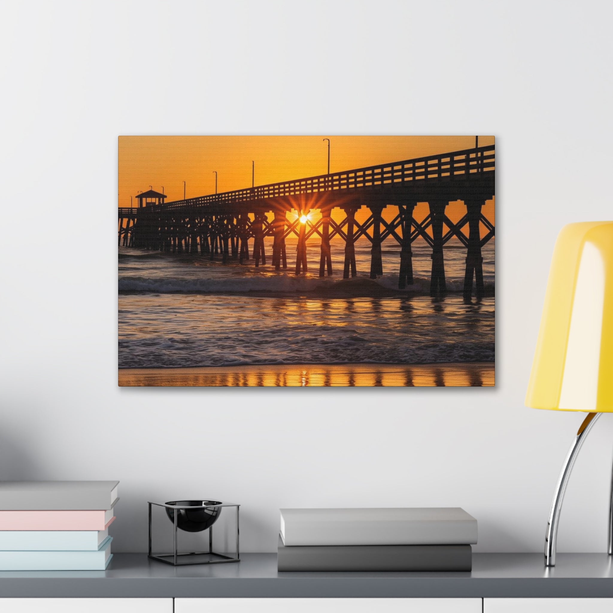Sunset Pier Canvas Wall Art — Golden Beach Photography on Stretched Canvas